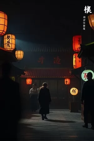 竖版影视主题封面，深蓝夜空下的城市剪影与列片光带